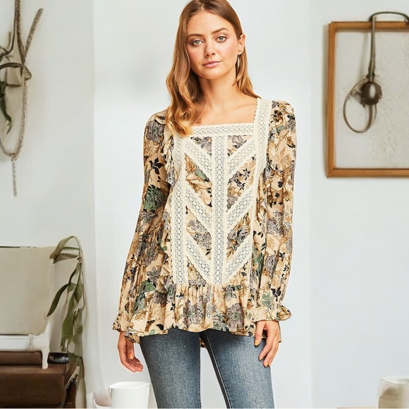 Yellow Cream Multi Color Embroidered Lace Floral Top - Picture 6 of 6